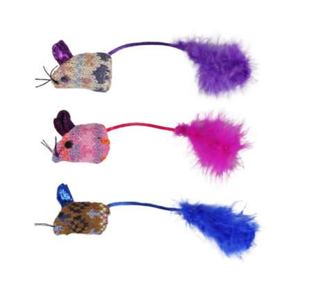 Flamingo Игрушка для кошек Мышка с пером, текстиль, 3шт, разноцветная – интернет-магазин Ле’Муррр